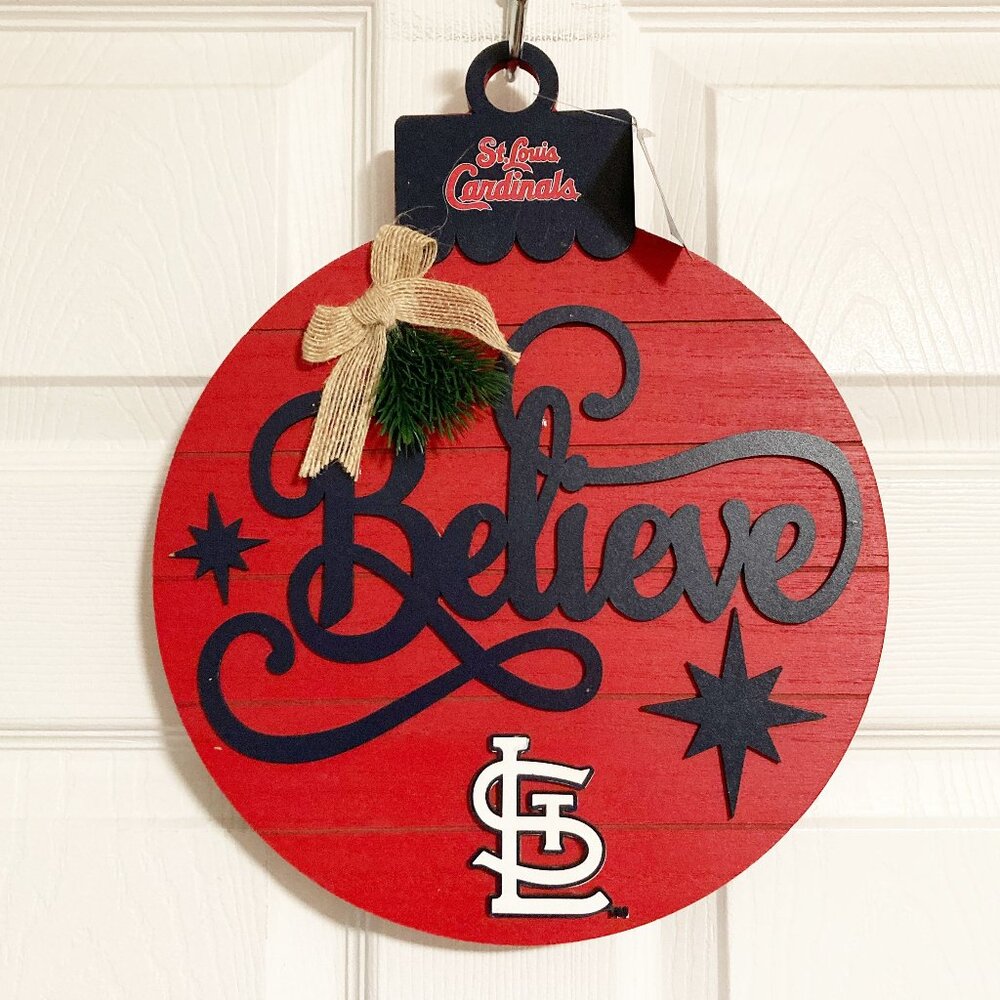 St Louis Cardinals Holiday Ornament Shaped Hanging Wooden Sign "Believe" NWT